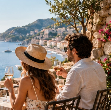 Un couple sur une terrasse face à la mer